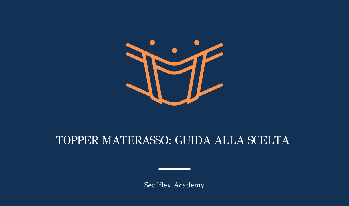 Grafica di copertina con sfondo blu scuro. In alto, un logo stilizzato arancione che evoca un'armatura o un supporto strutturale, sopra tre punti arancioni disposti ad arco. Al centro, la scritta bianca in caratteri maiuscoli: "TOPPER MATERASSO: GUIDA ALLA SCELTA". In basso, separata da una sottile linea orizzontale bianca, la scritta bianca: "Secilflex Academy".